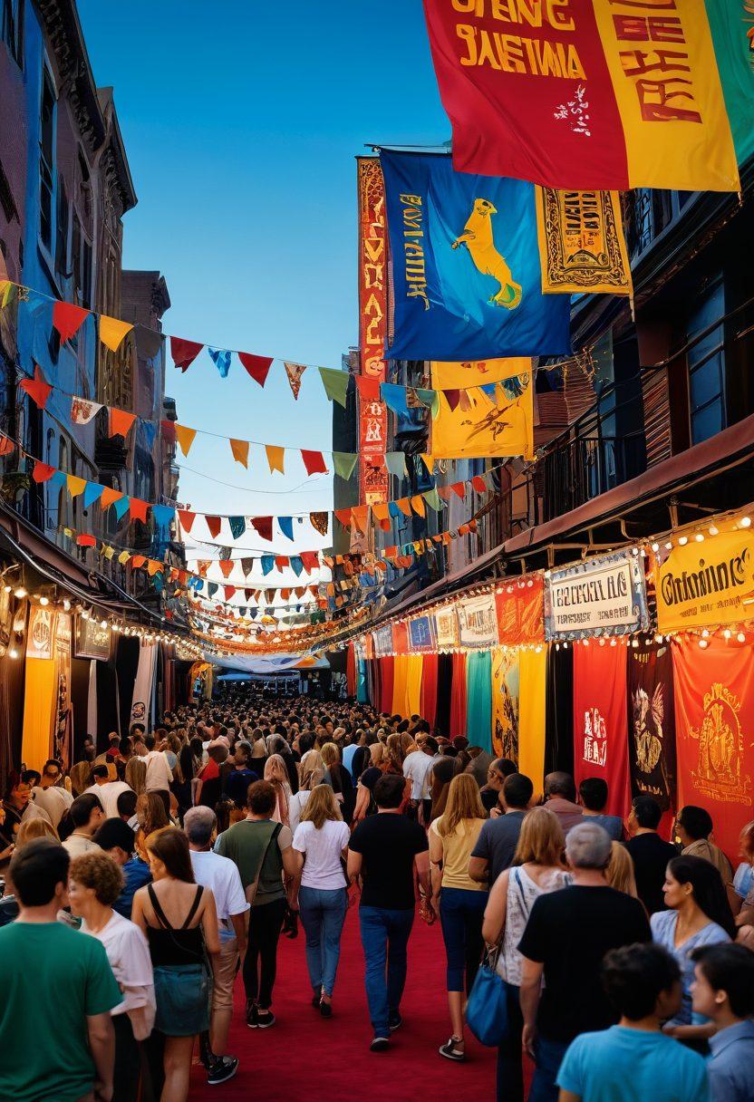 A bustling film festival scene with a diverse group of filmmakers passionately discussing their independent films, colorful banners highlighting various movie genres, a red carpet leading to a vibrant screening area, and a collage of film posters showcasing diverse stories. cinematic style. vibrant colors. dynamic composition.