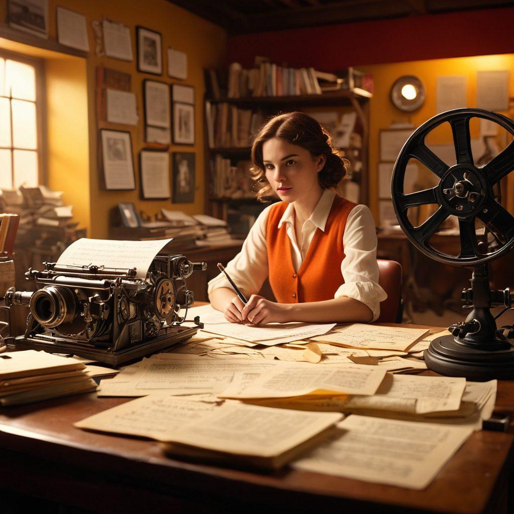 A cinematic scene depicting a writer sitting at a desk cluttered with script pages, transitioning into a vibrant film set with actors and crew. The background showcases a film reel unraveling, blending the worlds of scriptwriting and filmmaking. Soft lighting highlights the creativity and passion of independent cinema. super-realistic. vibrant colors. dynamic composition.