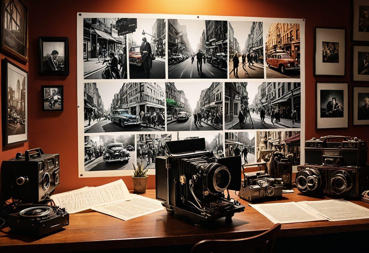 A collage depicting the journey of independent filmmaking, featuring a cluttered desk with a script, a vintage film camera, film reels, and a storyboard; a vibrant street scene showcasing a diverse crew filming outdoors, with a projector casting an iconic film scene in the background. super-realistic. vibrant colors. documentary style.